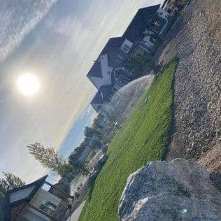 Residential lawn with irrigation sprayers, sun shining in clear sky, and nearby houses.